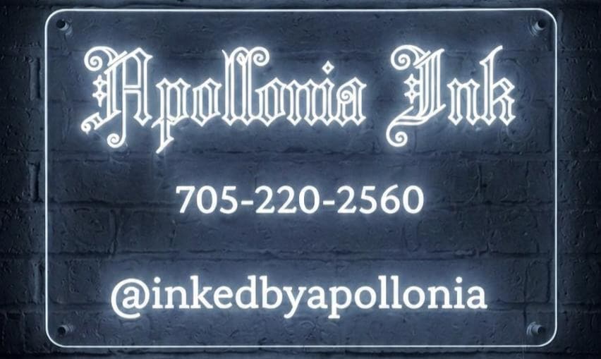 The Apollonia Ink sign, lettered with the studio name, 705 220 2560 and the Instagram handle